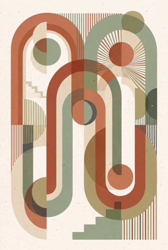 AI abstract mid-century arches poster in terracotta and sage