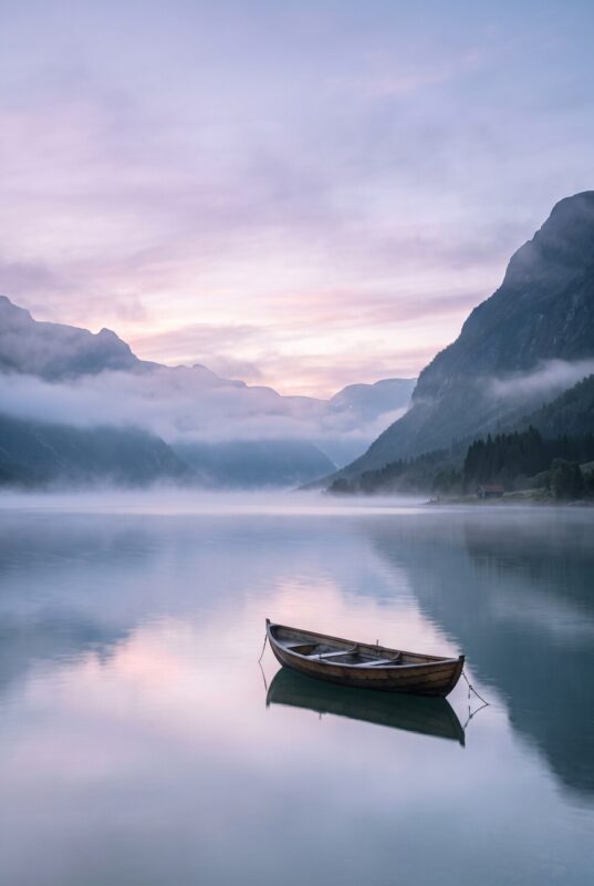 AI art poster of a misty Nordic fjord with a wooden boat