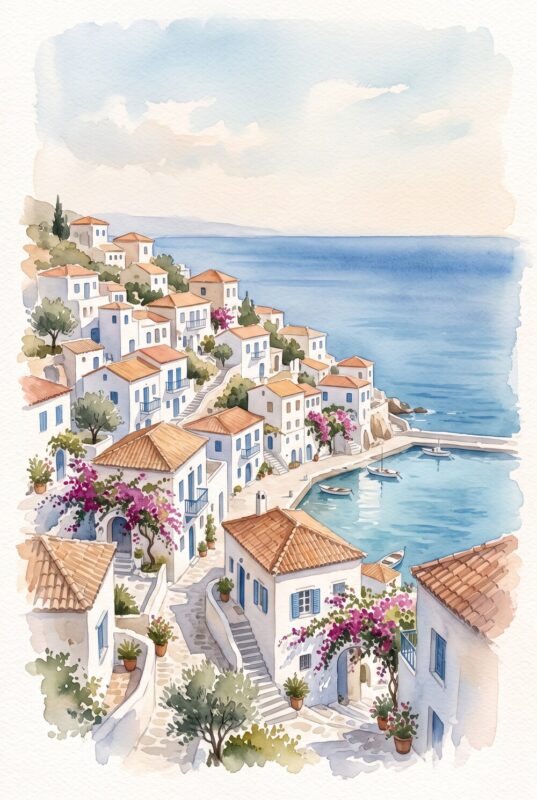 AI watercolor poster of a Mediterranean coastal village