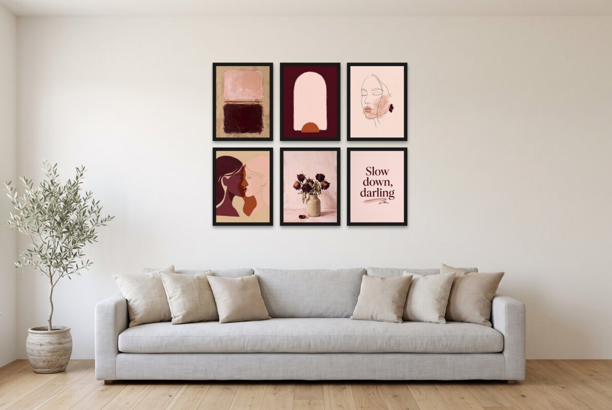 Blush & Burgundy prints on a wall