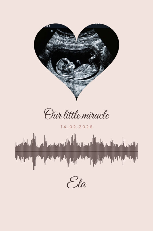 Portrait blush pink poster with the ultrasound scan in a heart, Our little miracle and the heartbeat sound wave