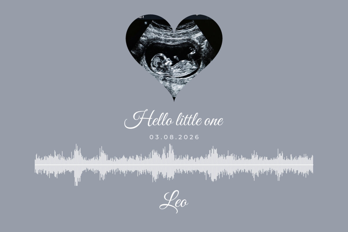 First heartbeat poster in soft grey with the ultrasound scan inside a heart, the baby heartbeat sound wave and the name Leo