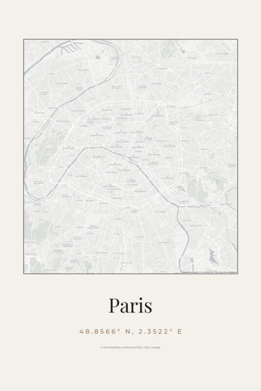 Minimalist Paris city map poster in light grey