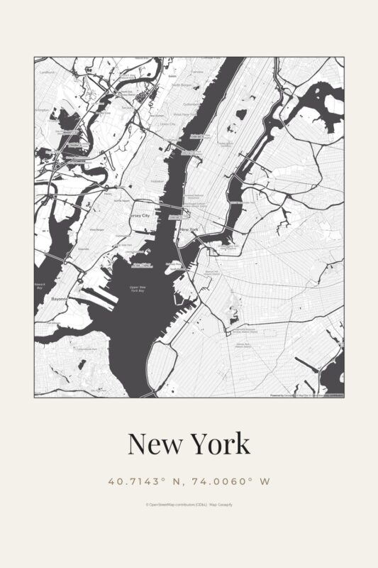 Black and white New York City street map poster