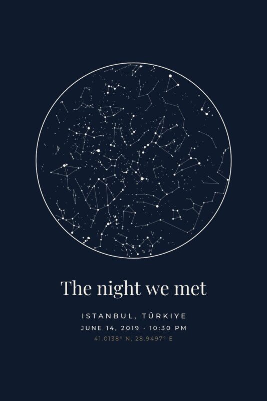 Custom star map poster in midnight blue with constellations over Istanbul
