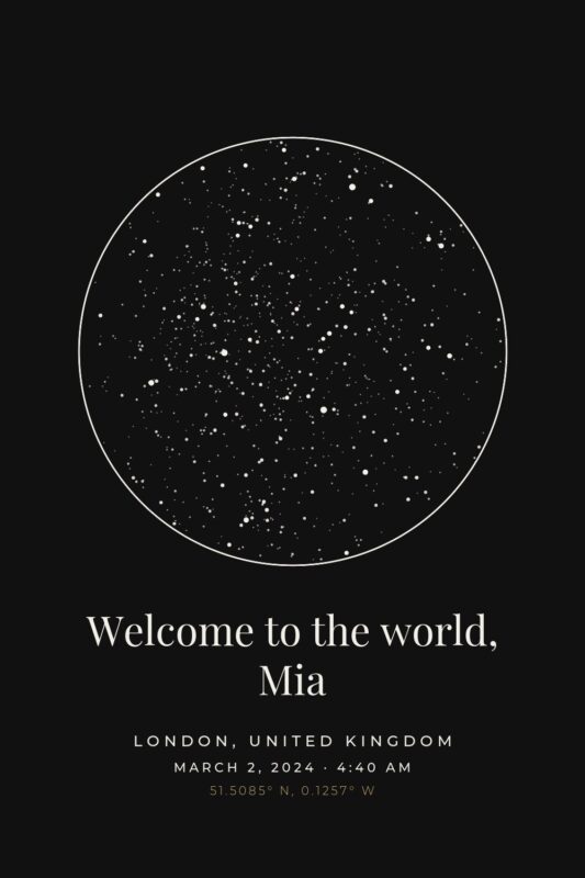 Black star map poster for a birth date in London