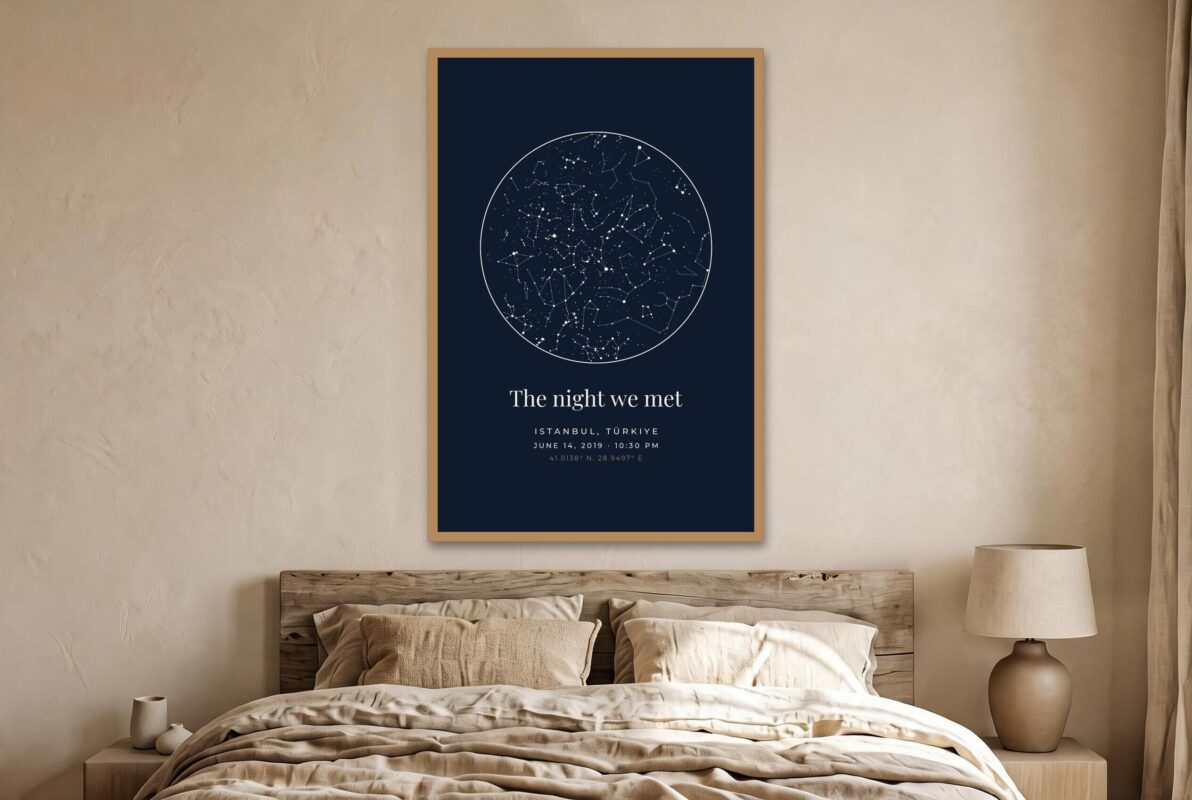 Natural wood framed star map poster above a bed