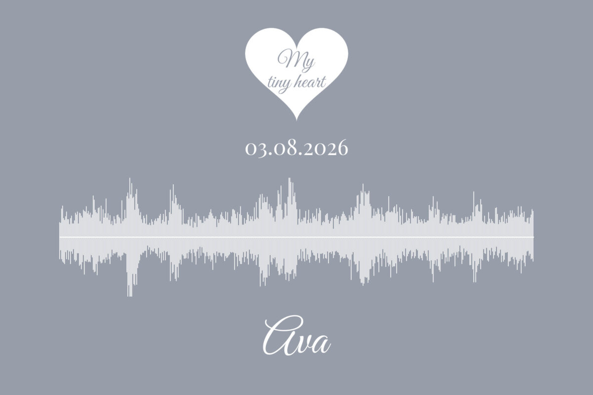 Baby heartbeat sound wave poster in soft grey with a white heart, the date and the name Ava