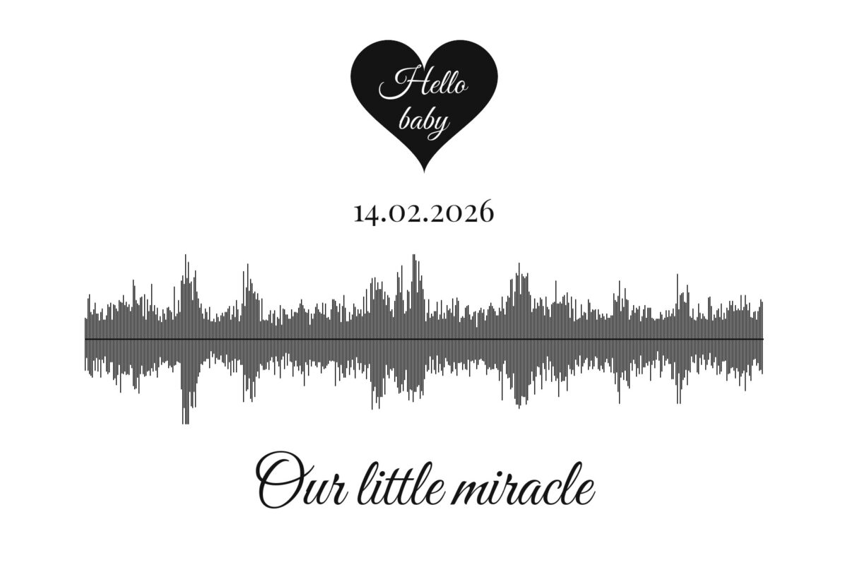 Black and white ultrasound heartbeat sound wave print with a heart and the words Our little miracle