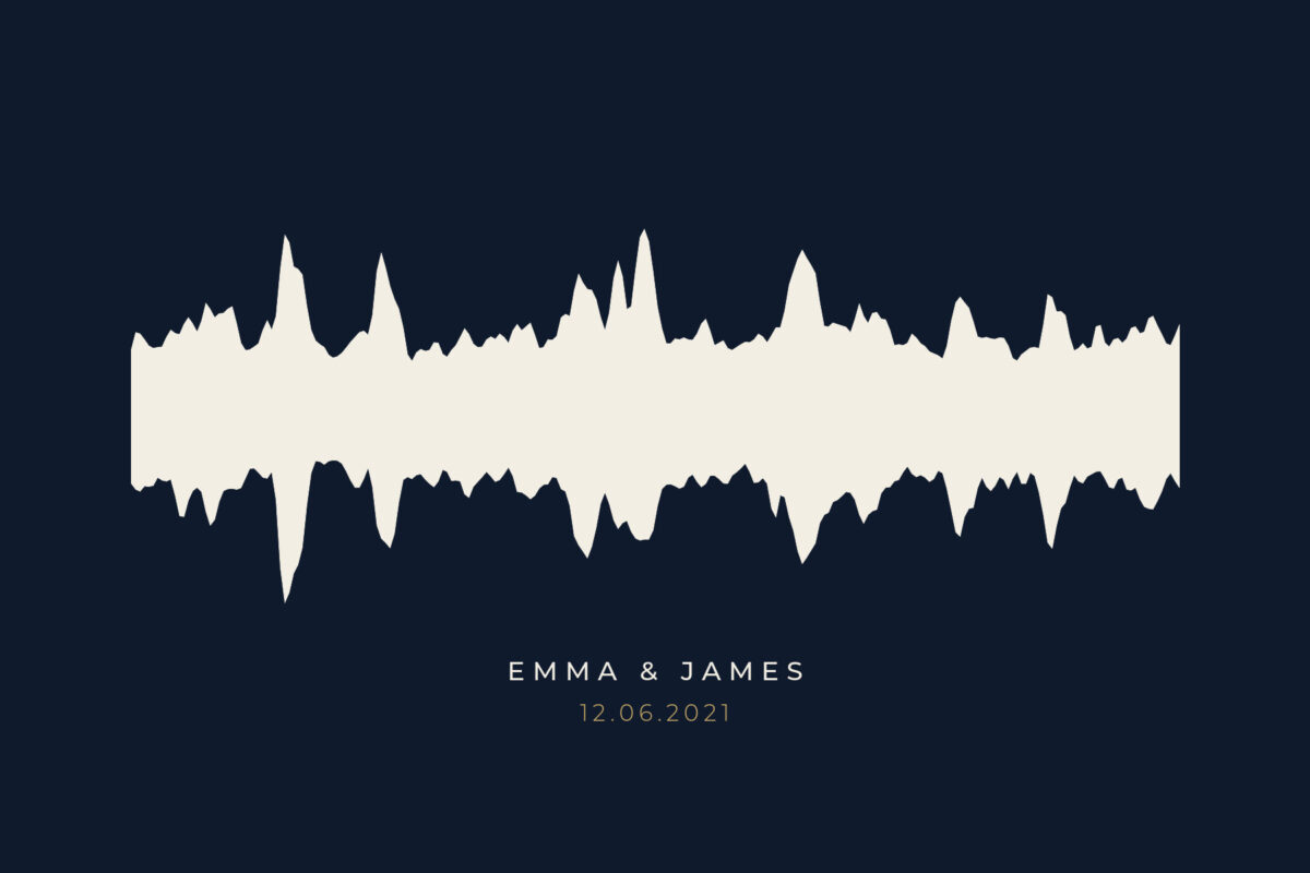 Minimal navy blue sound wave art print with a smooth wave and the names Emma and James