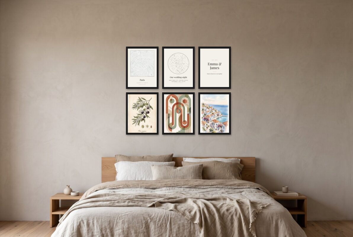 Gallery wall of six 12×16 inch black-framed posters above a bed
